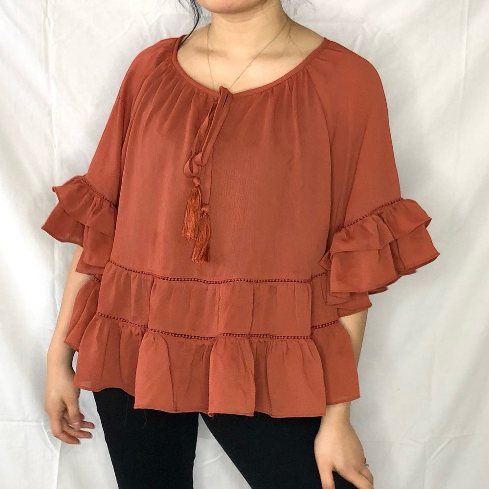Women’s Orange Ruffle Flowy Tassle Blouse Top size L